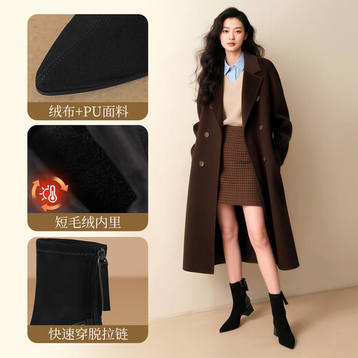 ZHR short boots women's winter plus velvet temperament pointed toe thick heel fashion boots women's versatile suede women's boots BL652A black 37