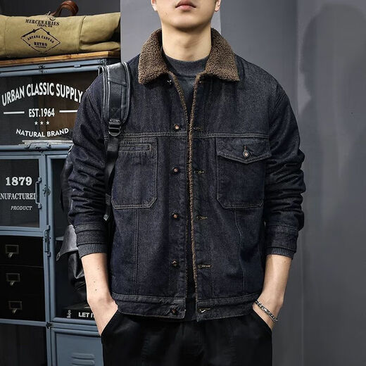 2025 winter velvet warm sherpa denim jacket men's American retro washed work jacket lapel cotton coat blue black velvet original high quality L recommended 110-125Jin Jin equals 0.5 kg