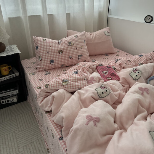 Mercury series girly heart pink Kt cat towel embroidered thickened milk velvet four-piece set autumn and winter warm coral velvet 1.5m three-piece set Sweet Kitten - light pink cute towel embroidered milk velvet 0.9m bed sheet style three-piece set/quilt cover 150*200cm