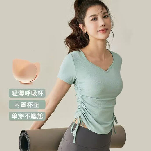 Yoga clothes for women, high-end drawstring sports tops, slimming waist fitness T-shirts, Pilates training clothes, summer J35#light apricot XL recommended 125-138Jin Jin is equal to 0.5 kg