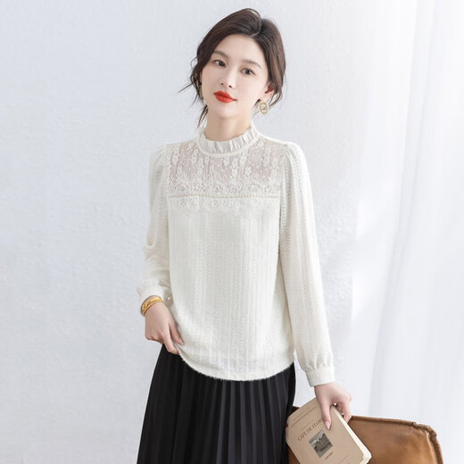 Cypress wood ear-edge lace stitching lace shirt for women 2025 autumn new long-sleeved beaded jacquard shirt