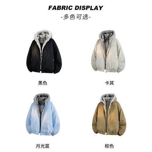 VUUG high street fur collar cotton coat for men and women in winter loose plus velvet and thickened mountain sculpture style overcoat cotton coat black L