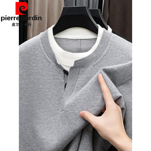 Pierre Cardin (pierre cardin) American retro fake two-piece Henry collar contrasting color sweater old money style lazy loose stacked small round neck sweater for men gray 2XL 180 suitable for 150-165Jin Jin is equal to 0.5 kg