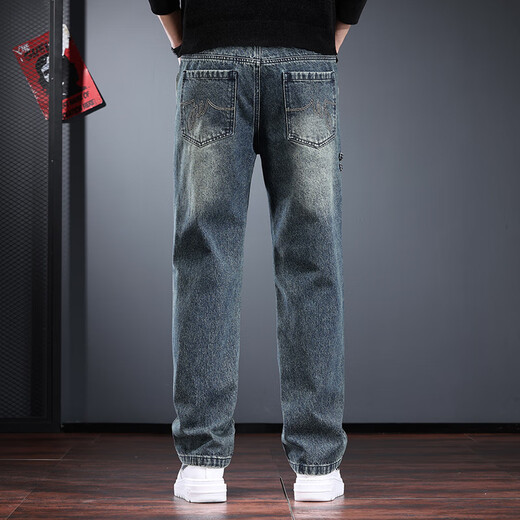 后琤美式复古男士牛仔裤秋冬款宽松直筒长裤高街水洗做旧工装裤痞帅潮 怀旧蓝 XL （150-170斤）