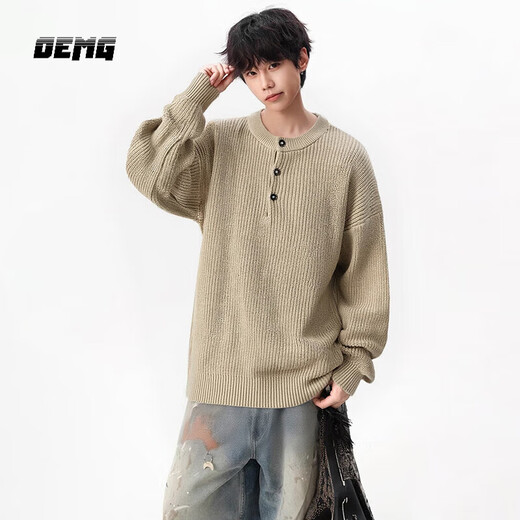 OEMG old money style Henry collar sweater men's autumn and winter trendy American retro sweater tops lazy jacket Khaki XL recommended 110-130Jin Jin equals 0.5 kg