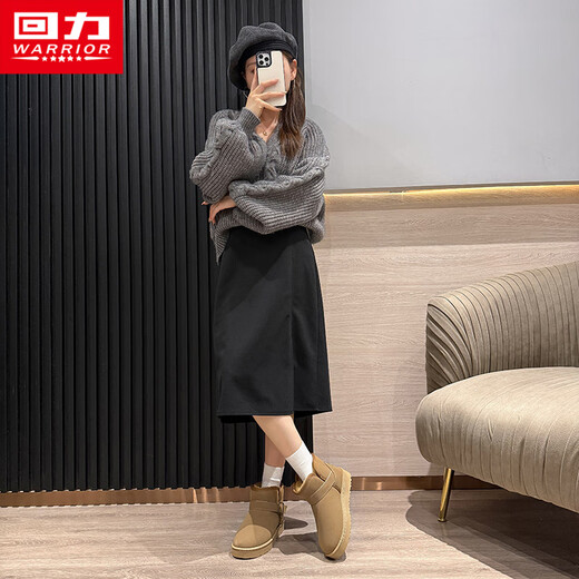 回力雪地靴女2025年冬季一脚蹬女鞋棉鞋女冬学生加绒加厚短筒棉靴子 红棕色 37