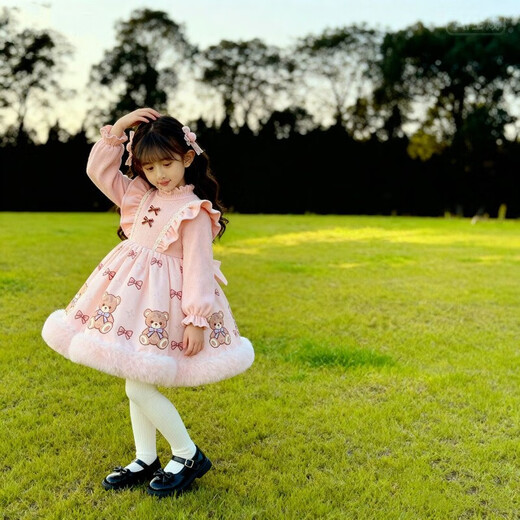 Kafanli (KafanIi) girls 2025 autumn and winter new velvet cute dress baby Lolita sweet fluffy birthday princess dress A05 pink bear velvet thickened sweet and cute 110