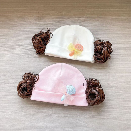 Baby girl hat spring and autumn pure cotton baby fetal cap cute super cute little month old hat playful wig hat new style big red pink wool thread cherry one size fits all 3-6 months pure cotton extra large elasticity does not tie the head