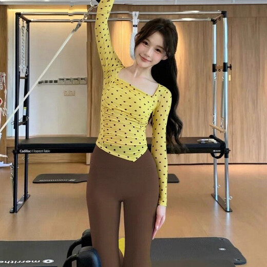 Shuangxiu Beautiful Yoga Wear for Women 2025 New Dopamine Long Sleeve Suit Polka Dot Autumn and Winter Pilates Fitness Suit with Chest Pad Yellow Brown Polka Dot Top + Mocha Pants Suit XL 120-135