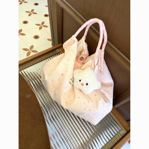 New Cute Floral White Rabbit Canvas Bag Women's Shoulder Bag Large Capacity Handbag Carrying Book Bag Tote Bag Pink Long-eared Rabbit High-Quality Version - No Ornaments