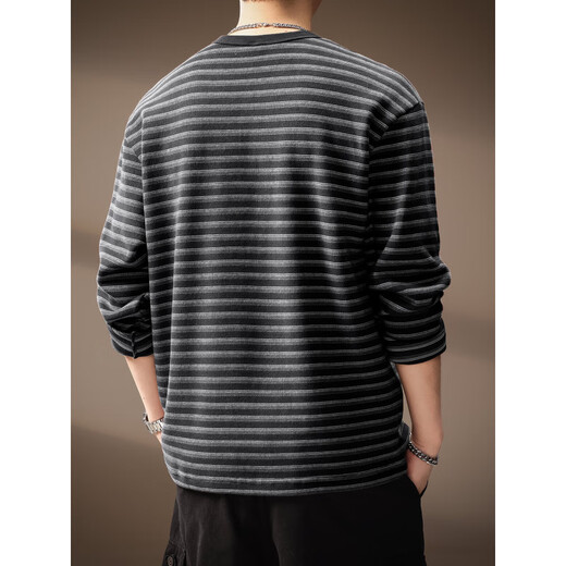 Henhut luxury high-end brand high-end striped long-sleeved T-shirt men's autumn new loose sea soul shirt Henry collar sweatshirt men black M suitable for 110-130Jin Jin equals 0.5 kg