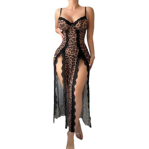 European and American cross-border sexy leopard print see-through long skirt passionate uniform pajamas thong 2-piece set leopard print