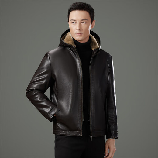 KBXNG Jinba 2025 New Winter Velvet Thickened Leather Jacket Men's Genuine Leather Middle-aged and Elderly Dad's Leather Jacket with Fur Integrated Black 8036 Model M 170
