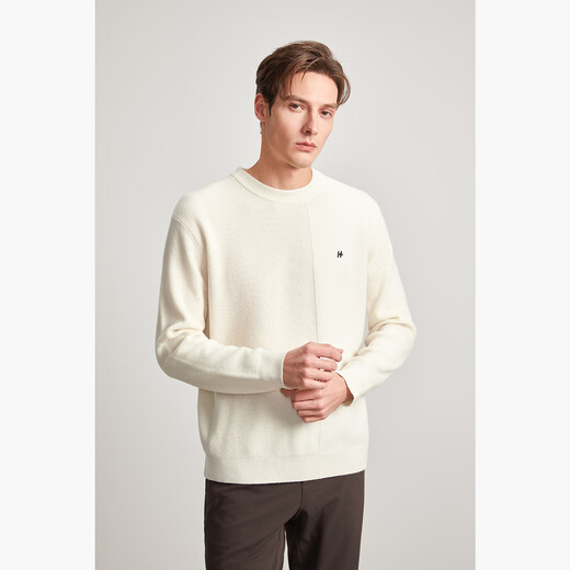 HECHTER 100% wool men's round neck wool sweater solid color skin-friendly, comfortable, warm and versatile sweater for men off-white - hot selling color L