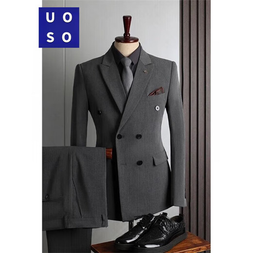 UOSO men's suit suit men's British style double-breasted business casual suit three-piece suit groom's slim formal suit a medium gray two-piece suit (suit + pants) XXS custom size optional matching remarks
