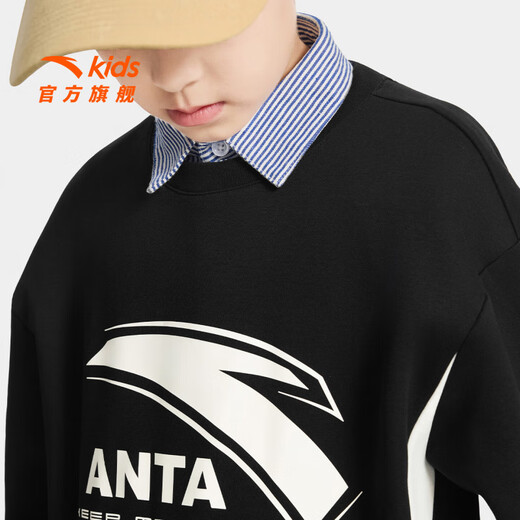 ANTA Children's Sweater Men's Big Children's Wear 2025 Winter New Arrival Plus Velvet Simple Versatile Long Sleeve Pullover Store Manager Recommendation Basic Black-5 150 cm