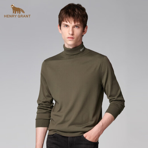 HENRY GRANT Henry Grant Men's knitted green lazy windbreaker turtleneck top half turtleneck regular slim sweater Army green (QBY243651U266) One size fits all 44 (165/88A)