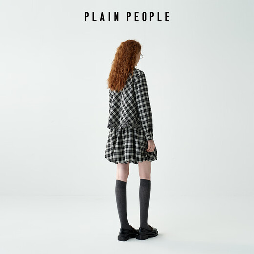 PLAIN PEOPLE Bath style retro college plaid lace webbing shirt top women 2025 winter new style coffee color S