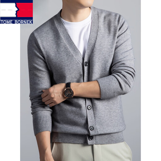 TOME BORNEK high-end 100% pure wool cardigan men's V-neck autumn and winter middle-aged sweater jacket business casual knitted bottoming shirt navy blue XL recommended 140-155Jin Jin equals 0.5 kg