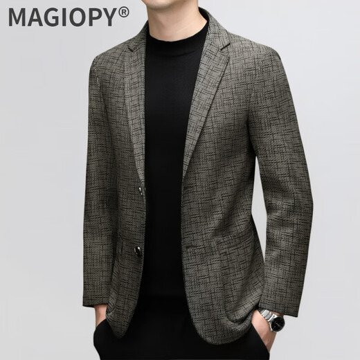 MAGIOPY high-end brand high-end autumn and winter men's slim fit sheepskin suit top genuine leather light business printed leather jacket sheepskin-linen pattern XL 105-120Jin Jin equals 0.5 kg