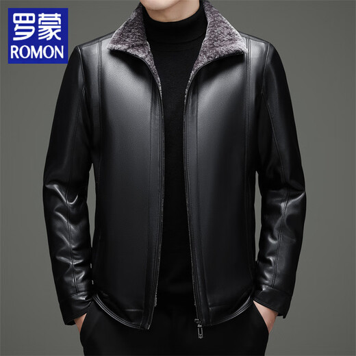 Luo Meng Haining imitation leather leather jacket men's fur one-piece plus velvet thickened dad's clothing middle-aged and elderly leather jacket men's leather jacket black M