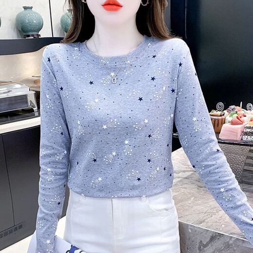 红蜻蜓纯棉时尚印花打底衫女长袖秋季新款修身百搭圆领T恤内搭上衣 DD1396#（灰色）长袖 XL 【建议121-130斤】