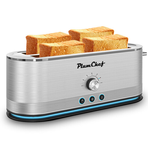 Plumchef 4-slice toaster, defrost/reheat function, removable bread tray, full body stainless steel shell, 1350W, anti-fingerprint and anti-jam