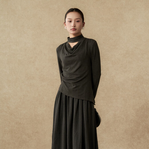 Nishimachi Muraya (SETIROM) Korean style women's blouse 2025 winter new style swing collar pinch pleated sexy top XHAD10445 dark gray one size