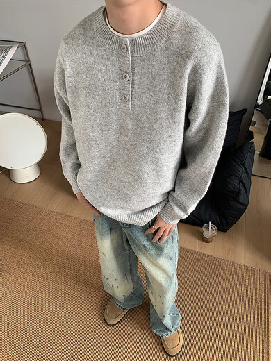 Xiaohongshu's popular gzshop light gray American Henry collar sweater for men, autumn and winter lazy high-end knitted sweater, blue shirt, all in stock, ready to ship, XL one size fits all