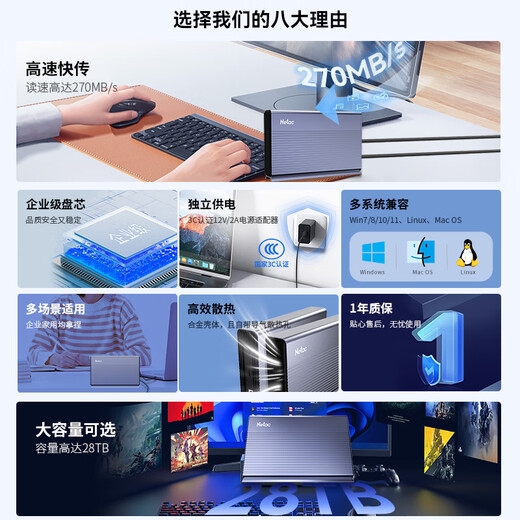 Netac 22 TB mobile Festplatte, 3,5-Zoll-Desktop-Speicher der Enterprise-Klasse, Typ-C-Schnittstelle, USB 3.1, externe Computer-Festplatte mit großer Kapazität, Metallgehäuse, Heimspeicher K393