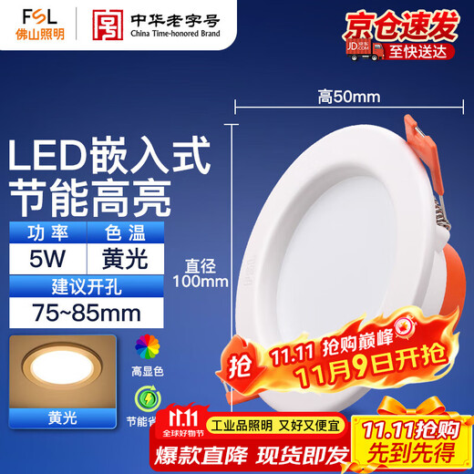 Foshan Lighting (FSL) LED downlight embedded ceiling ceiling light anti-fog entrance light 5W 2.5 inch yellow light all white