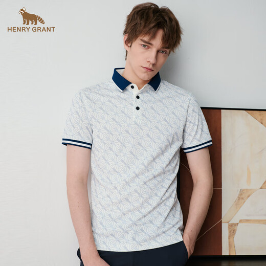 HENRY GRANT Henry Grant 2025 Summer Printed Logo Contrast Color POLO Shirt Men's Trendy Short-Sleeved Lapel T-Shirt White (QST242730U366) One Size 46 (170/92A)