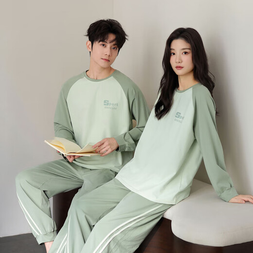 COVER ORANGE pure cotton couple pajamas for women spring and autumn round neck casual loose winter men's home clothes can be worn outside the suit Green