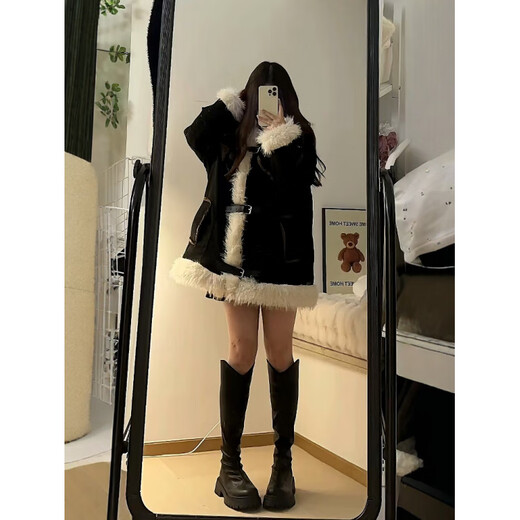 Apocalypse Century Design Retro Furry Stitching Lamb Wool Stand Collar Cotton Clothes Women's Winter Thickened Motorcycle Jacket Black S