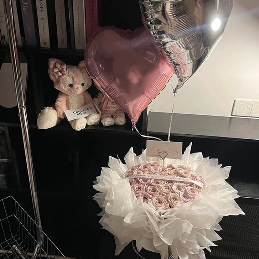 Everlasting flower rose bouquet doll hug bucket for girlfriend and best friend simulated soap flower birthday gift Pudding Cloud 33 hug bucket + balloon without doll