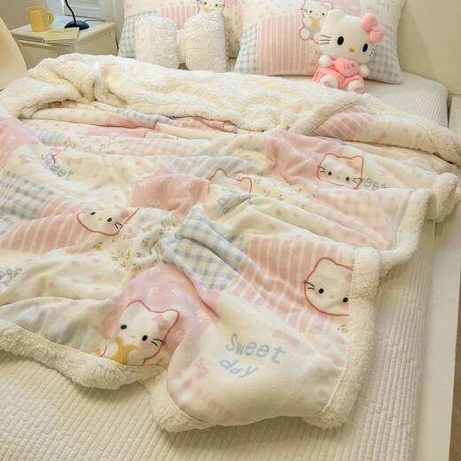 Fantasy Cute Cat Milk and Lamb Velvet Blanket 2025 New Girly Heart Sofa Blanket Thickened Warm Sheet Cover Blanket Kaca Paradise Milk Velvet + Lamb Velvet Cat-like Feel 70x100cm Napping Children's Blanket