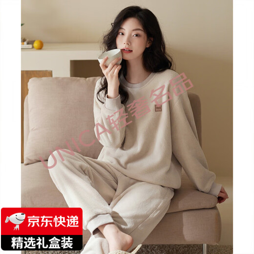 FENTENGG light luxury brand couple pajamas women's anti-static winter coral velvet thickened plus velvet men's autumn and winter flannel 57039 meters apricot L does not pill, does not fade and does not deform