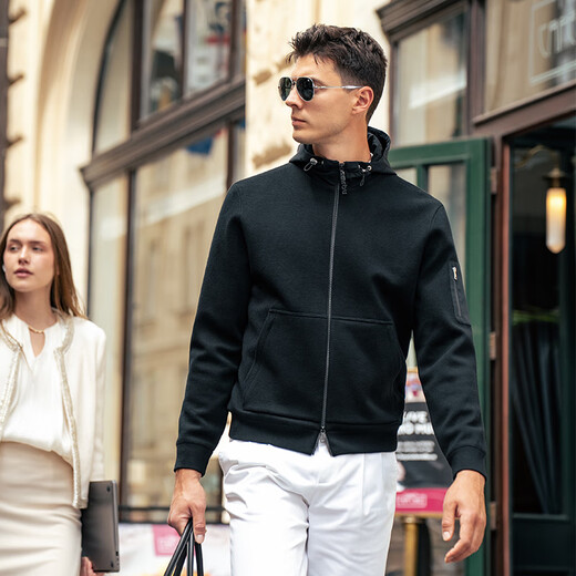 Mr. Bu Fashion Simple Hooded Jacket 2025 Autumn New Men's Autumn Clothing Thickened Wool Cardigan BT16959 Piano Black M (170)