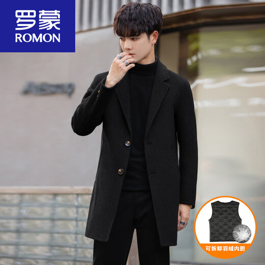 ROMON Cashmere Woolen Coat Men's Winter New Korean Style Medium-Length Casual Thick Wool Double-sided Woolen Suit Jacket Black + Removable Down Liner Thickened L