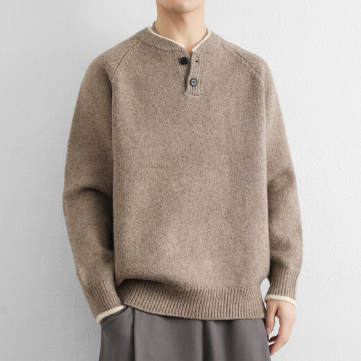 MONTAGUT Wool Blended Henley Collar Retro Sweater Men's Winter New Thickened Warm Sweater with Pullover Top Light Gray L 120-140Jin Jin equals 0.5kg