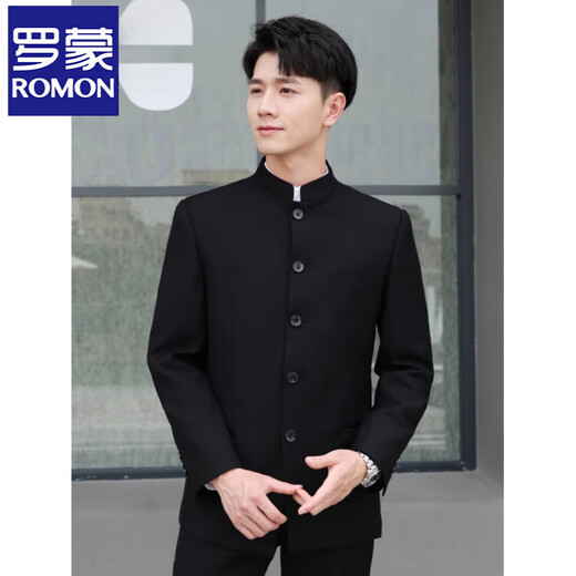 ROMON high-end Chinese tunic suit suit men's youth slim-fit stand-up collar suit Chinese style wedding dress Chinese style Tang suit Chinese stand-up collar black top + pants XL 180 weight 135-155 Jin Jin equals 0.5 kg