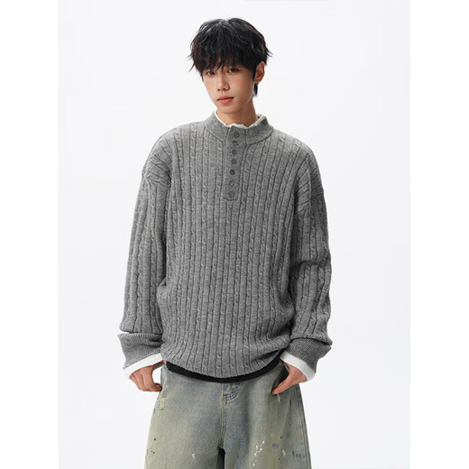 Piano hand fake two-piece button-down design twist Henry collar sweater for men high-end knitted sweater MY1242-P58 Gray XL
