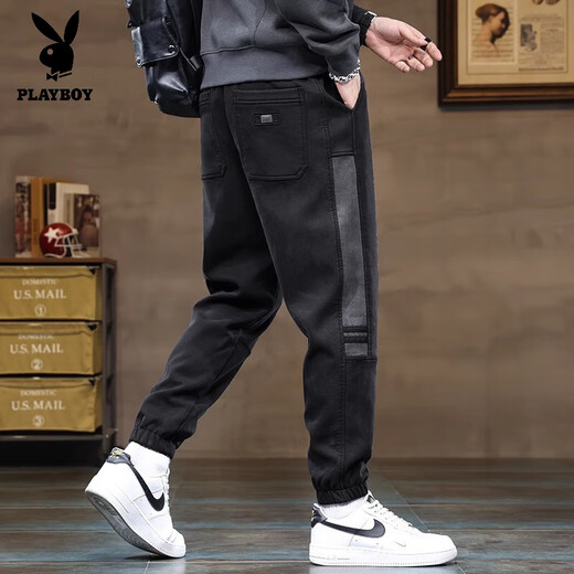 Playboy winter all-in-one velvet casual pants for men, autumn and winter loose harem pants with velvet and thickened outer wear sports pants, gray velvet XL 31/32 size