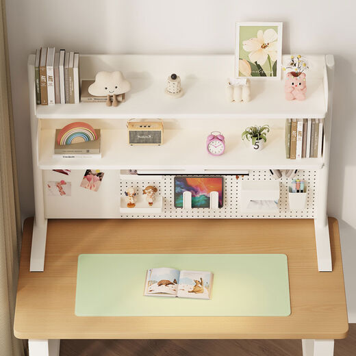 桌面书架立式办公桌上铁艺多层书架学生电脑桌上收纳洞洞板置物架 稳固加粗玄武钢立式双层奶油白高38长80赠21件套+磁扣