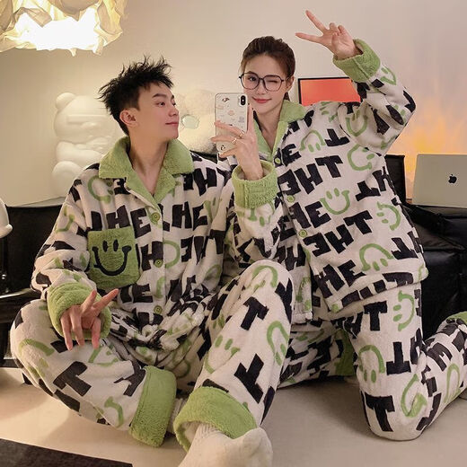 Victoria style couple autumn and winter coral pajamas for one man and one woman in winter new flannel home clothes plus velvet thickened suit 88600 - thickened flannel M female + male L