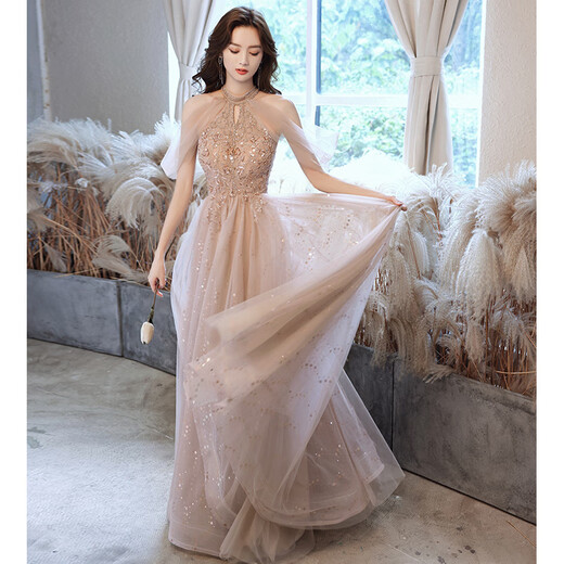 ACJK champagne color beautiful evening dress female banquet temperament annual meeting host dress super fairy halter neck adult ceremony princess dress champagne pink long style XS