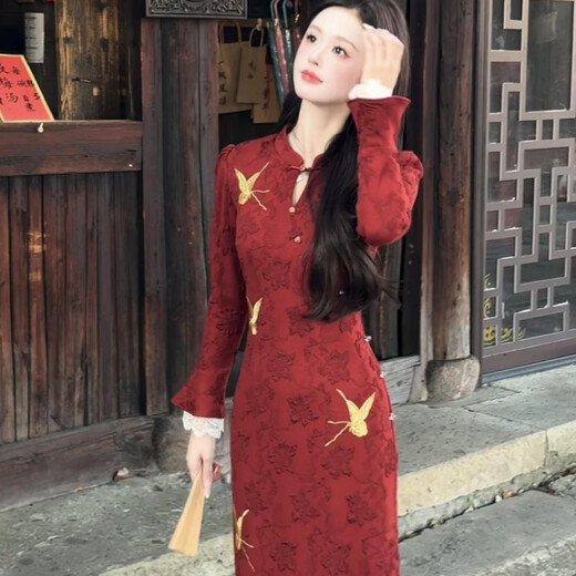 Spring Man 2025 red new Chinese style butterfly embroidered cheongsam long sleeve dark pattern jacquard red long skirt dress red cheongsam L