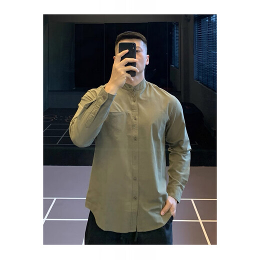 Playboy (PLAYBOY) Japanese retro Henry collar cotton shirt long-sleeved T-shirt men's shirt casual bottoming autumn and winter/P60 special dark green L