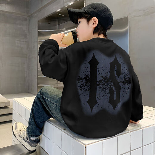 男童卫衣春装2025新款洋气中大童春秋季休闲运动打底衫长袖上衣潮 黑色 120 120cm