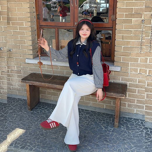 Datouting camisa de encaje con empalme a cuadros de talla grande coreana personalizada ligeramente gorda para mujeres de principios de otoño tops falsos de dos piezas de mm gordos a cuadros azules 2XL